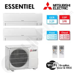 Bi-split clim réversible Mitsubishi Electric Essentiel MXZ-2HA50VF + 1 x MSZ-HR35VF + 1 X MSZ-HR25VFK - (5,0 kW)