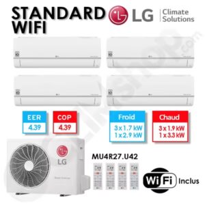 Quadri-split LG climatisation MU4R27.U42 + 3 x PM07SK.NSA + 1 X PC12SK.NSJ (7.9 kW) avec Wifi