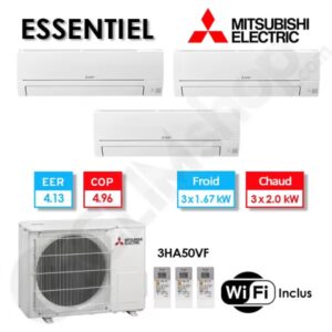 Tri-split clim réversible Mitsubishi Electric Essentiel MXZ-3HA50VF + 3 x MSZ-HR25VFK (5.0 kW)
